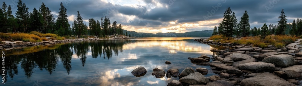 Poster scenic view of lake in pine forest with reservoir and sky concept. a serene lake reflecting clouds a