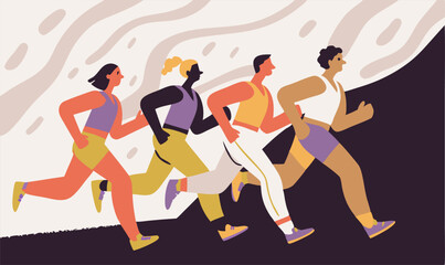 Diverse Group of Runners in Marathon Race Illustration