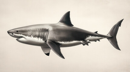 Obraz premium Large shark swimming in open water with streamlined body and teeth, marine predator known for its swift movements and role in ocean ecosystems