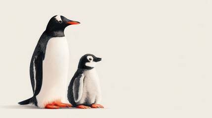 Obraz premium Two penguins standing on a plain background with one adult penguin and one chick, featu detailed black and white plumage and orange feet, in a minimalist style