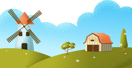Horizontal Farm field nature landscape and a village on a hill texture style concept illustration.