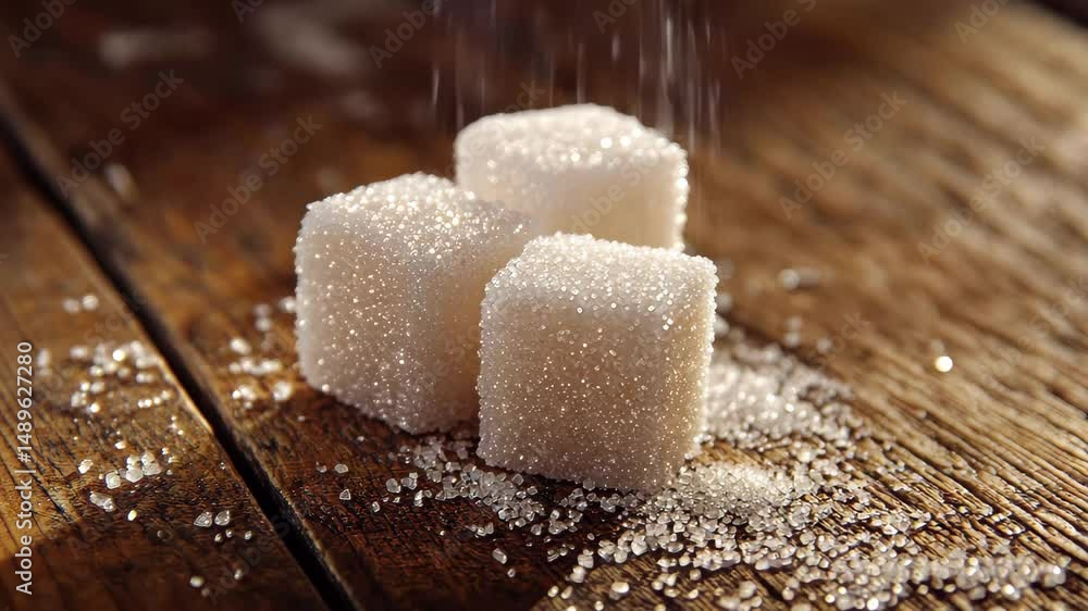 Poster cube sugar on a rustic wooden table with granulated sugar scattered around in a warm setting, cube s
