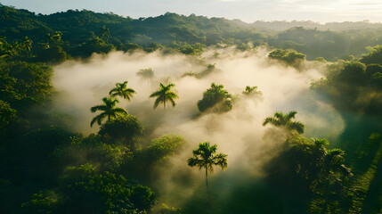 Tropical rainforest mist sunrise