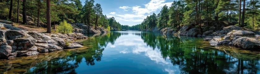 Fototapeta premium Scenic view of lake in pine forest with reservoir and sky concept. Serene lake surrounded by lush trees and rocky landscapes.