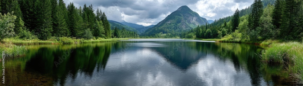 Poster scenic view of lake in pine forest with cloudy summer sky concept. a serene mountain view reflected 