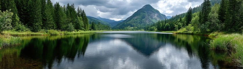Scenic view of lake in pine forest with cloudy summer sky concept. A serene mountain view reflected in a calm lake surrounded by trees.