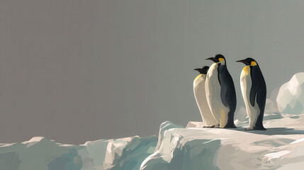 Group of three penguins standing on an icy landscape under a gray sky with a calm and serene atmosphere, highlighting cold environmental conditions and wildlife