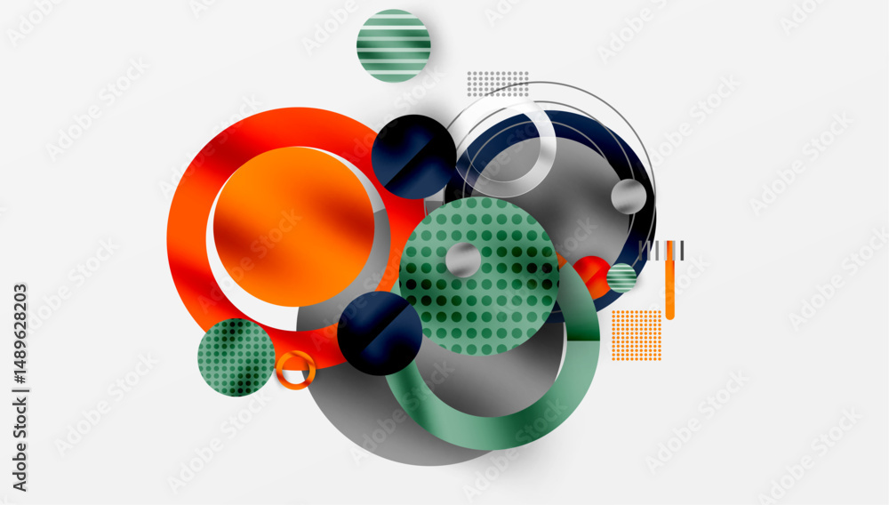 Fototapete Abstract geometric shapes overlap, creating dynamic composition. Circles, lines, textures combine for modern visual effect.