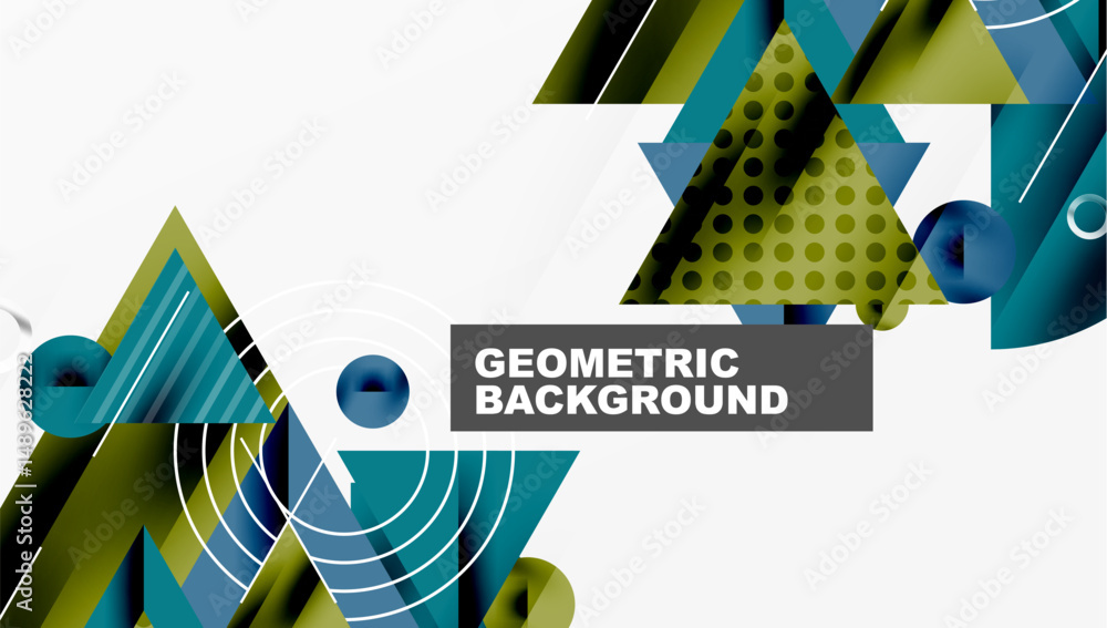 Poster abstract geometric shapes overlap, creating dynamic background. teal, olive, navy colors dominate de