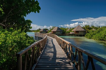 Obraz premium Tranquil wooden walkway through tropical lagoon. Cabanas nestled in lush vegetation