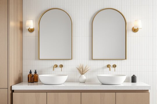 Elegant bathroom with two white vessel sinks, gold faucets, arched mirrors, and modern lights on white tile wall, minimal interior design concept. Ai generative