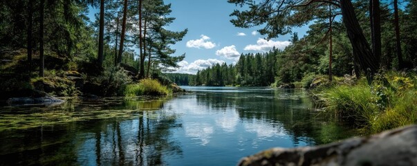 Scenic view of lake in pine forest around beautiful landscape concept. Serene lake surrounded by trees in a peaceful natural setting.