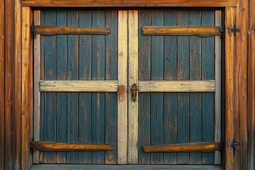 Rustic wooden double doors painted blue with weathered beige crossbars and surrounded by natural wooden frame, evoking a vintage and cozy atmosphere