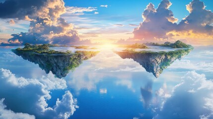 Fototapeta premium Floating islands at sunrise over a serene sky nature scene dreamy environment fantasy viewpoint