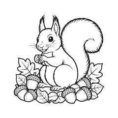 Line drawing of a squirrel sitting on a pile of acorns, detailed and cute, perfect for nature, wildlife, or animal-themed illustrations.