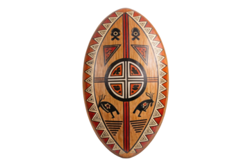 PNG Traditional african tribal shield with symbols and artwork on black background