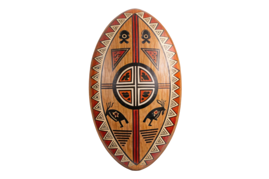 PNG Traditional african tribal shield with symbols and artwork on black background