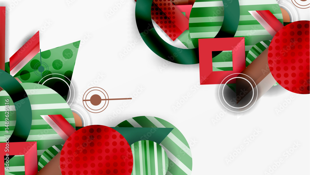 Poster abstract geometric shapes, red, green hues dominate design. circles, squares, lines create dynamic c