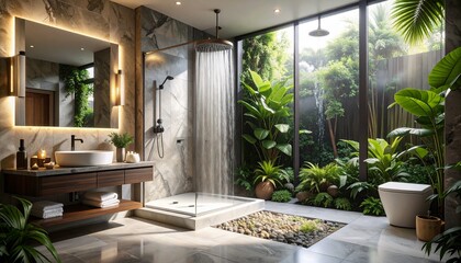 Fototapeta premium A luxury spa bathroom with a steam shower and marble details