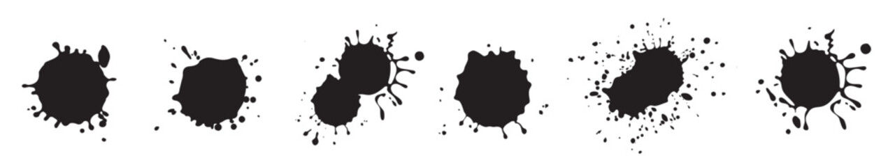 Paint splatter drops. Black ink spray, bright paint blots, abstract paint splashes flat vector illustration set. Paint splash isolated on white background. Splash splatter abstract shape.