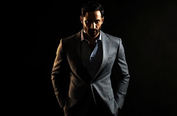 Fototapeta premium Stylish Indian diplomat in a charcoal gray suit, standing with poise and confidence