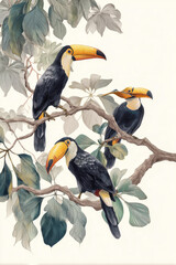 Fototapeta premium Detailed illustration of three ornamental toucans perched on tree branches amidst lush green leaves with realistic textures and vibrant colors, nature scene