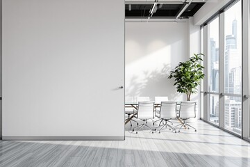 Bright modern office interior with glass walls, white chairs, wood floor, and cityscape background, showcasing clean architecture and office design. Ai generative