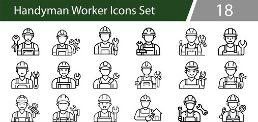 Handyman Worker Icons Set. Male Construction Labor Illustrations with Tools, Helmets, and Uniforms