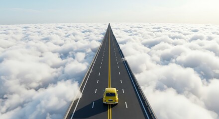 Naklejka premium Yellow Car on Highway Above Clouds