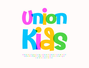 Vector Cute badge Union Kids. Children Handwritten Font. Colorful Alphabet Letters and Numbers set. 