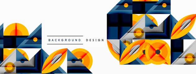 Abstract geometric pattern. Blue, orange, gray shapes create dynamic visual effect. Modern design element for backgrounds, banners.