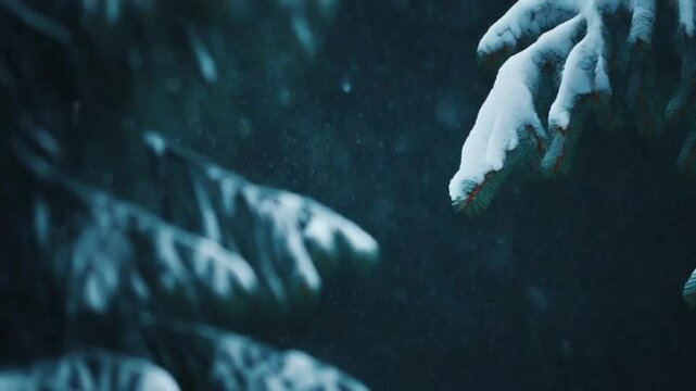 Falling glittery snowflakes over a dark evergreen backdrop in cool blue-white tones with subtle parallax effect