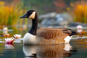Obraz premium Goose in calm pond water lilies