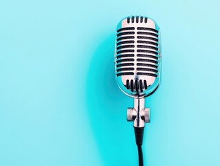 Fototapeta premium Vintage Microphone on Blue Background for Music and Sound Therapy