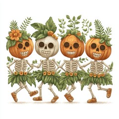 Four Dancing Skeletons with Pumpkin Heads and Floral Accents