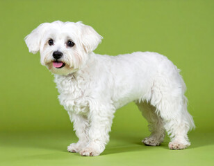 Obraz premium Fluffy white dog stands on vibrant green surface, looking cheerful and alert. dog soft fur and bright expression create lively and endearing scene