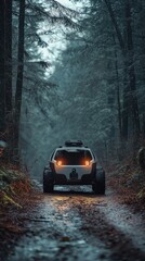 A secluded off-road vehicle's journey through a misty forest.