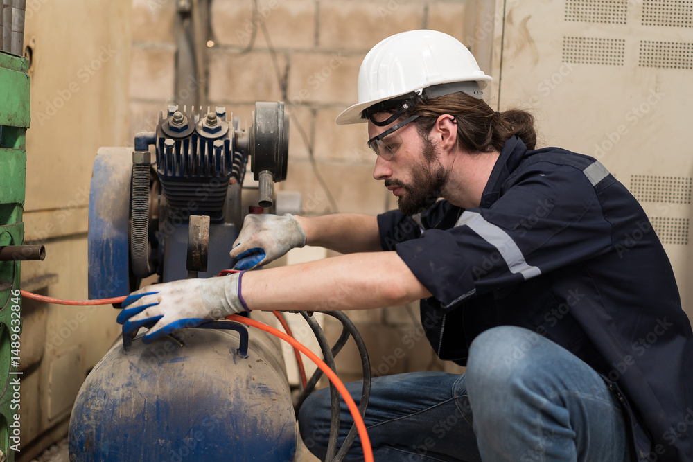 Aufkleber engineer worker setup, maintain, repair mechanism of operation of air compressor in industry factory