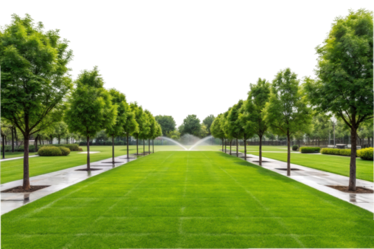 PNG Serene park with lush greenery and water sprinklers on a sunny day - Powered by Adobe