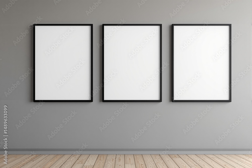 Poster three blank vertical frames on a grey wall in a modern interior with wooden floor, minimalistic desi