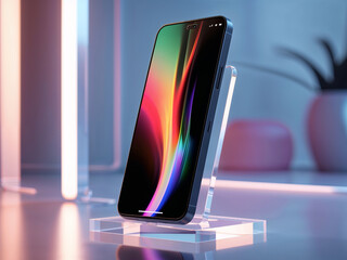 Premium Matte Black Smartphone on Acrylic Stand, Tech Product Studio Shot with Gradient Light Reflection