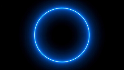 Fototapeta premium Glowing blue neon circle stands out against dark background, creating futuristic and abstract visual. vibrant light forms perfect ring, evoking sense of modernity and technology