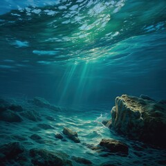 Obraz premium Photorealistic Underwater Scene Vibrant Ocean Depths with Sunbeams