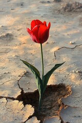 single vibrant red tulip blooming from cracked dry soil symbolizing resilience and hope
