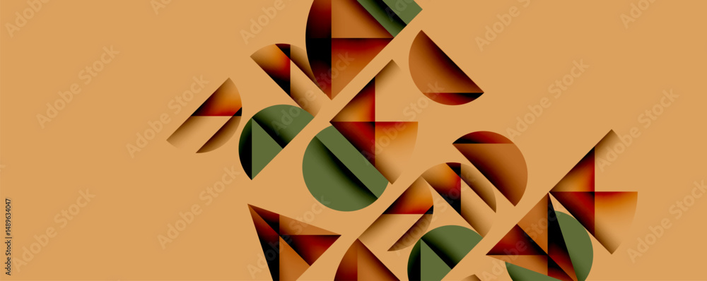 Poster abstract geometric shapes, warm colors dominate composition. brown, green tones create visual intere