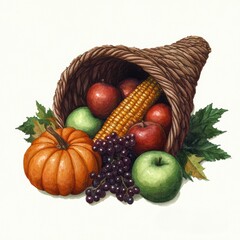 Cornucopia filled with apples, grapes, corn and pumpkin on white