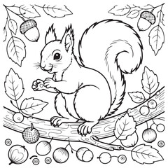 Line drawing of a squirrel sitting on a branch with acorns, detailed and cute, ideal for nature, wildlife, or animal-themed projects.