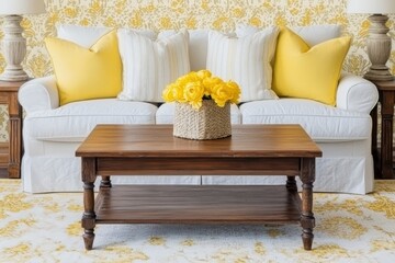 Cozy Living Room with White Sofa and Yellow Floral Decor Accents