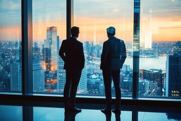 Two businessmen in suits looking out of a large office window at a city skyline during sunset, conveying a contemplative and professional atmosphere