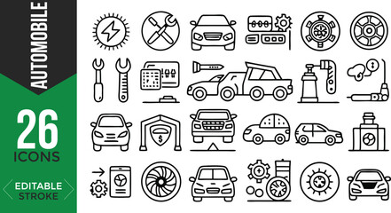 Fototapeta premium Automobile Line Icon Set – Editable Car, Vehicle & Auto Parts Vectors